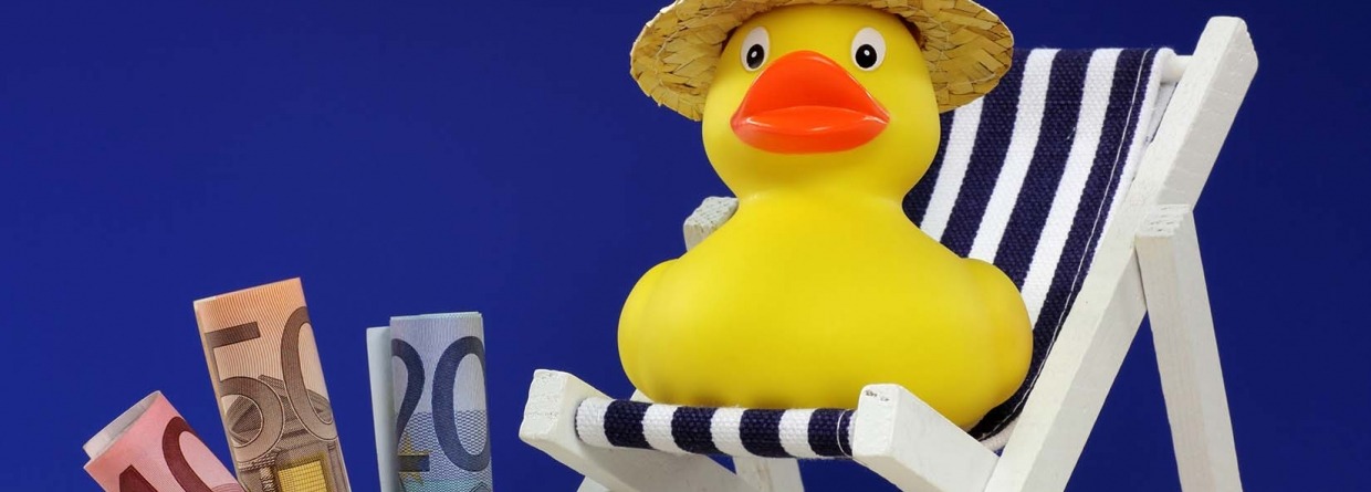 Badeendje met een strohoed in een strandstoel op het strand met eurobiljetten