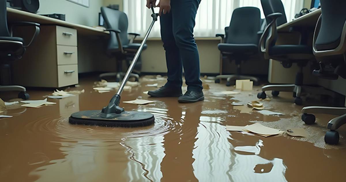Kantoor ondergestroomd met water wat een medewerker weg probeert te halen